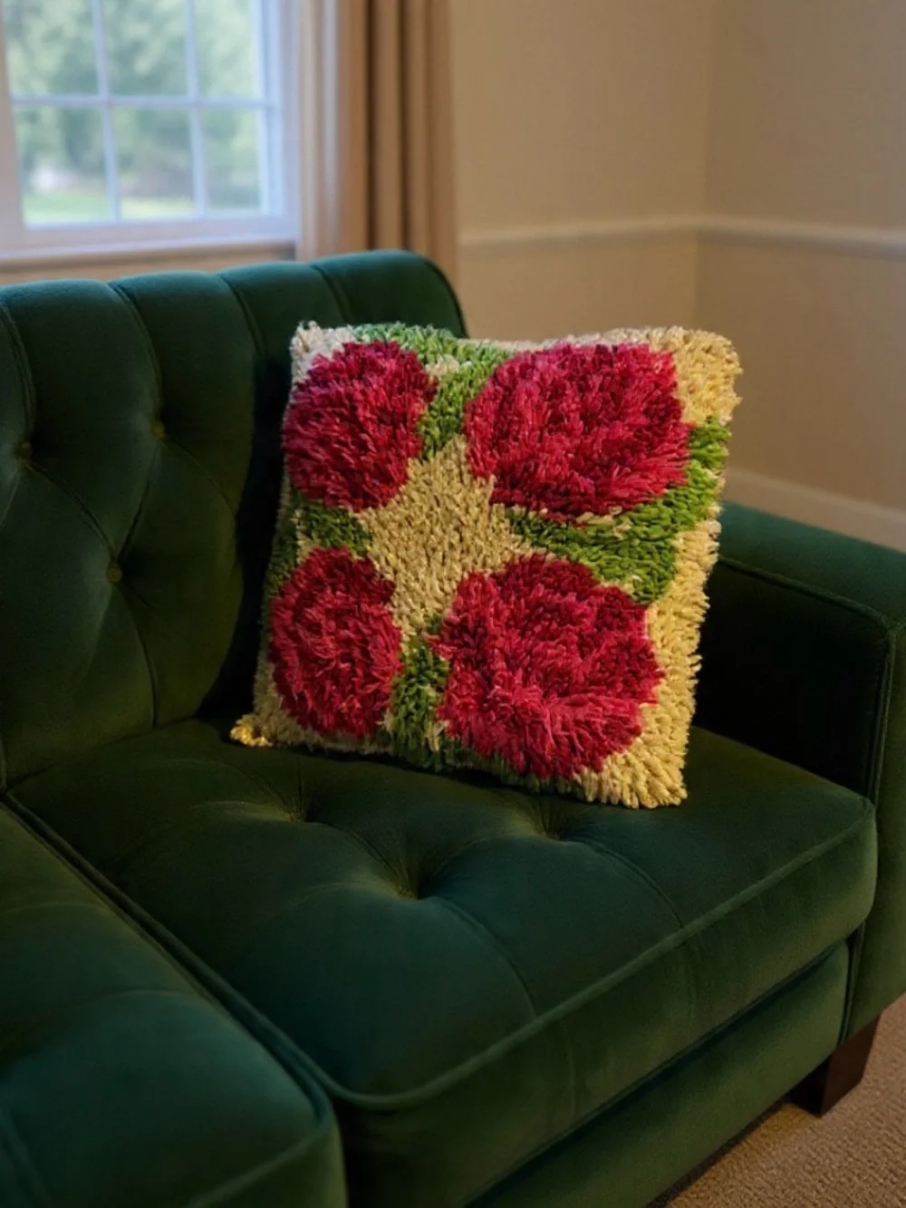 Vintage 1970s Floral Latch Hook Shag Throw Pillow